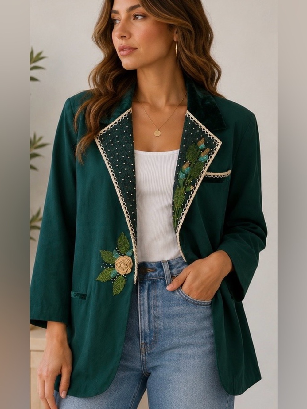 Women’s a Vintage Lacy Afternoon Emerald Green Embroidered Beaded Blazer Jacket
